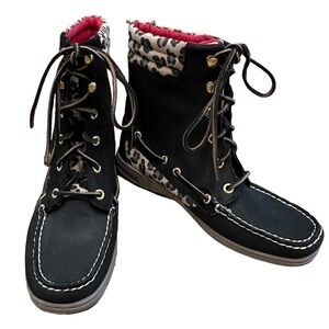 Sperry Top-Sider Duck Boots Womens 7.5 Black Leopard Lined Lace Up